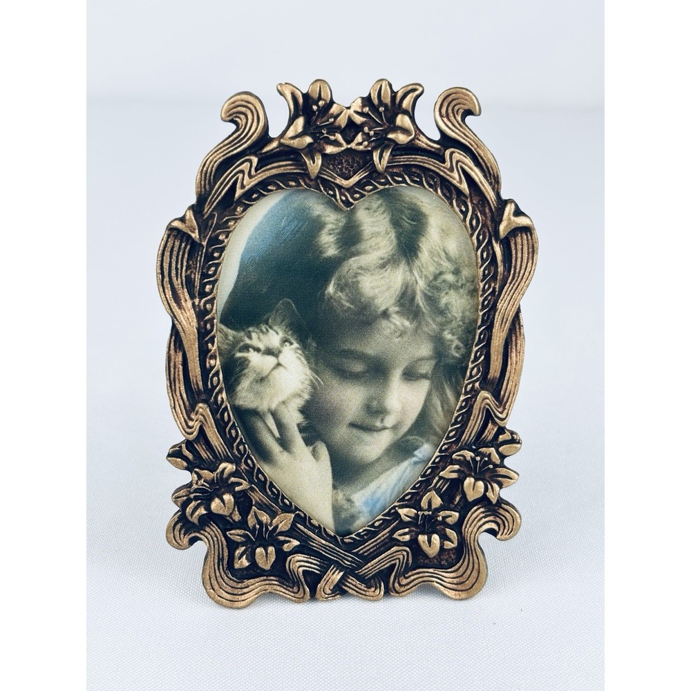 Ornate Vintage Bronze Metal Miniature Heart Floral Scroll Picture Frame
